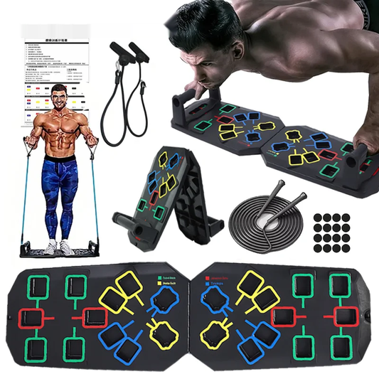 Folding multifunctional push up board with color-coded muscle focus zones - product image