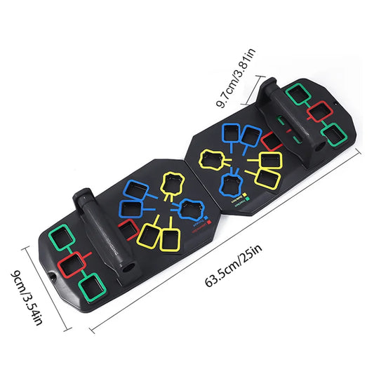 Folding multifunctional push up board with color-coded muscle focus zones - product image