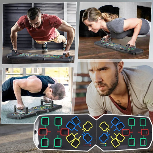Folding multifunctional push up board with color-coded muscle focus zones - product image