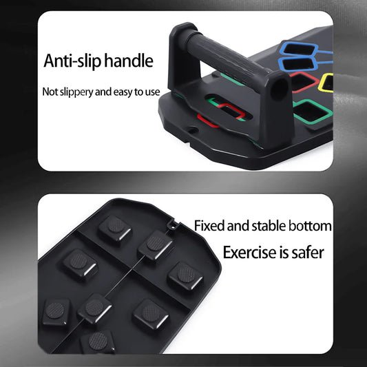 Folding multifunctional push up board with color-coded muscle focus zones - product image