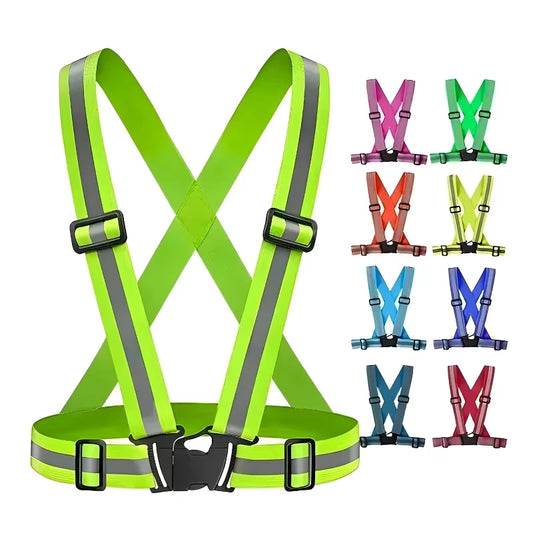 Lightweight adjustable reflective safety vest with elastic bands and hi-vis strips - product image