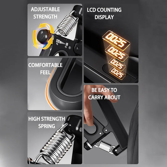 Portable electronic hand grip strengthener with adjustable resistance and timer - product image