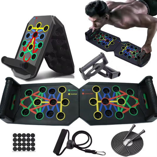 Portable foldable push-up board with color-coded muscle targeting and handles - product image