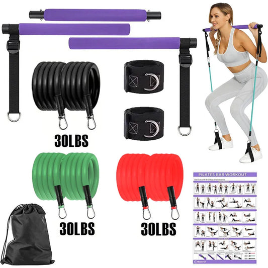 Portable pilates bar kit with multiple resistance bands, foot bands, and door anchor - product image