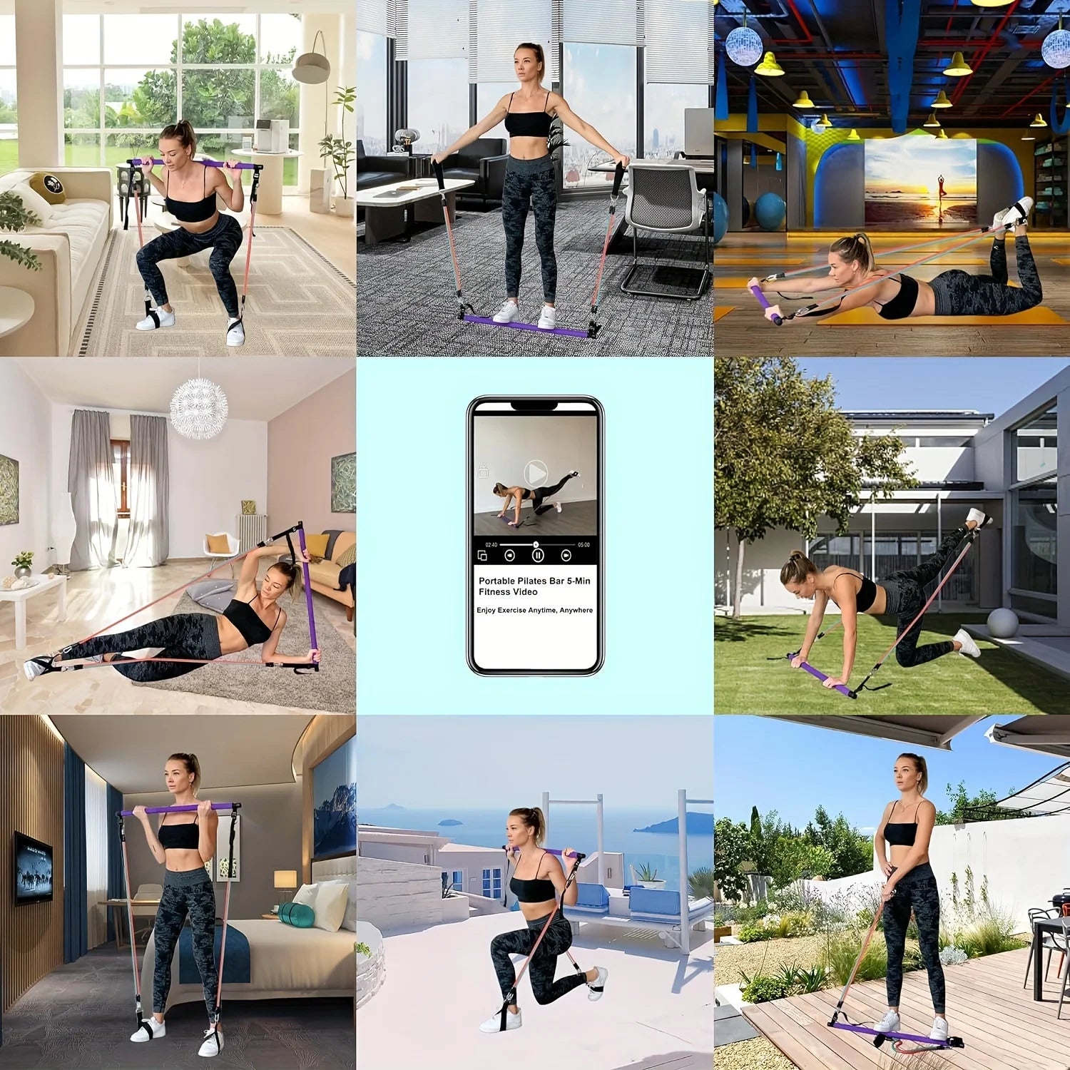 Portable pilates bar kit with multiple resistance bands, foot bands, and door anchor - product image