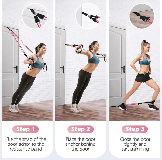 Portable pilates bar kit with multiple resistance bands, foot bands, and door anchor - product image