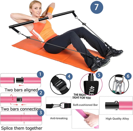 Portable pilates bar kit with multiple resistance bands, foot bands, and door anchor - product image