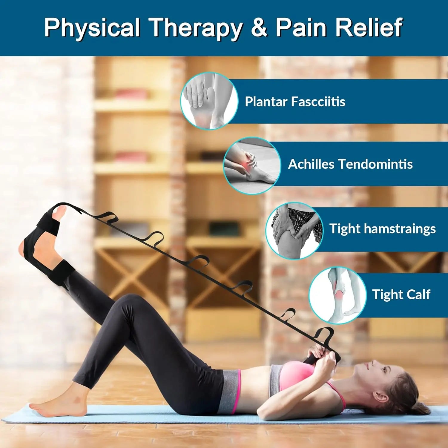 Segmented yoga stretching band with adjustable assistance for leg and foot - product image